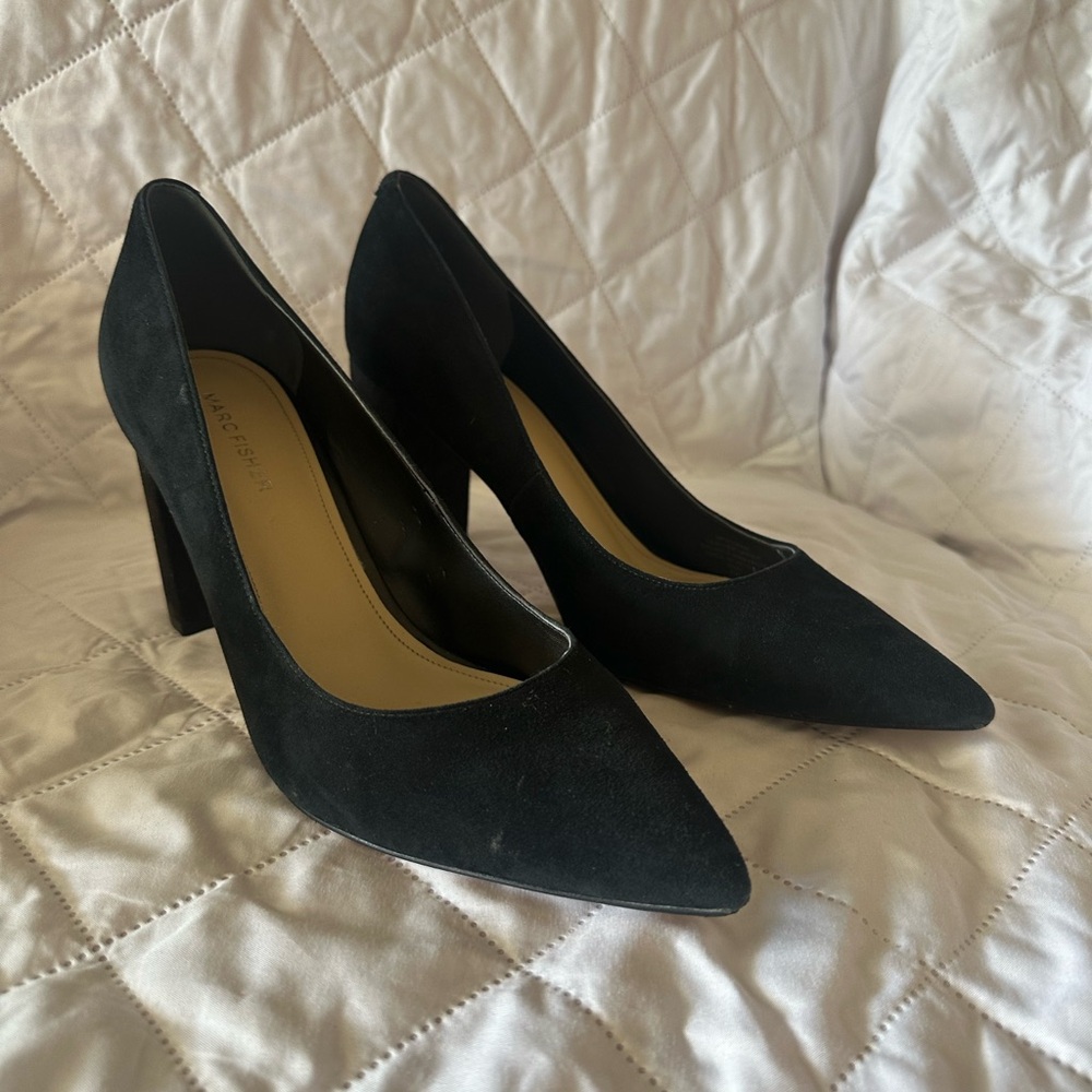 Marc Fisher Black Pointed Toe Suede Block Heel Pumps